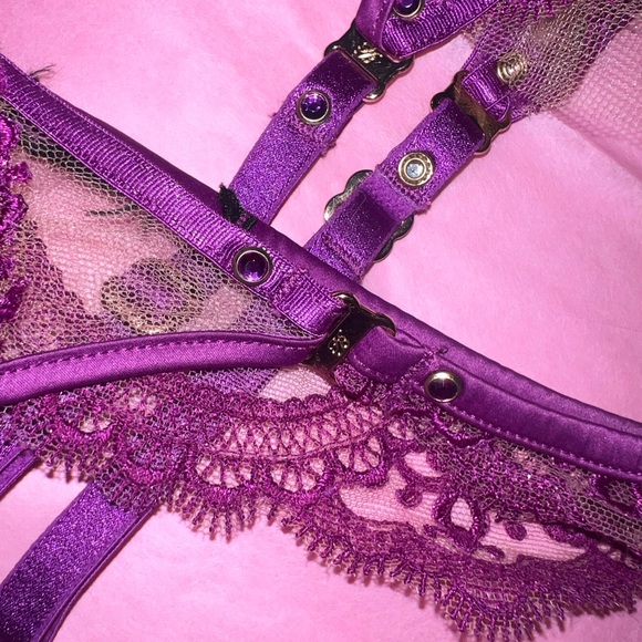 RARE - Honey Birdette Purple Lace Lingerie Set Bra Garter AND Panties - Picture 8 of 12
